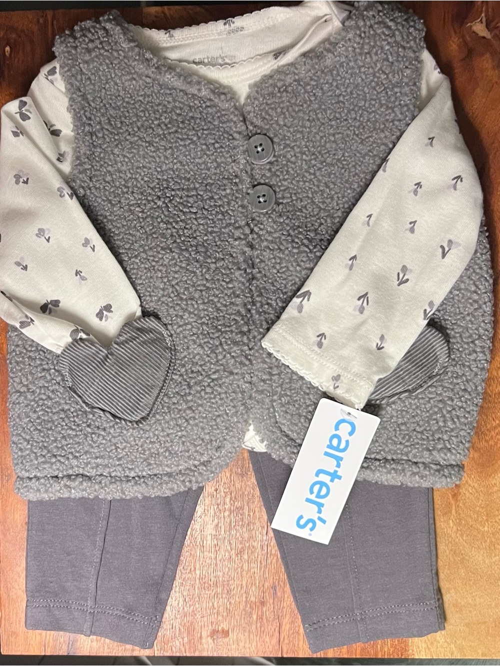 Carter’s Baby Girl 3 Piece Outfit Set 6M NWT Sherpa Vest Bodysuit Leggings